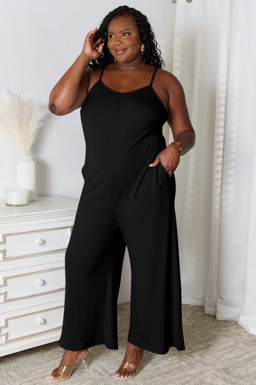 BASIC BAE Full Size Spaghetti Strap V-Neck Jumpsuit at Bella Road