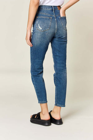 Tummy Control High Waist Slim Judy Blue Jeans for a flattering silhouette, shown from the back.