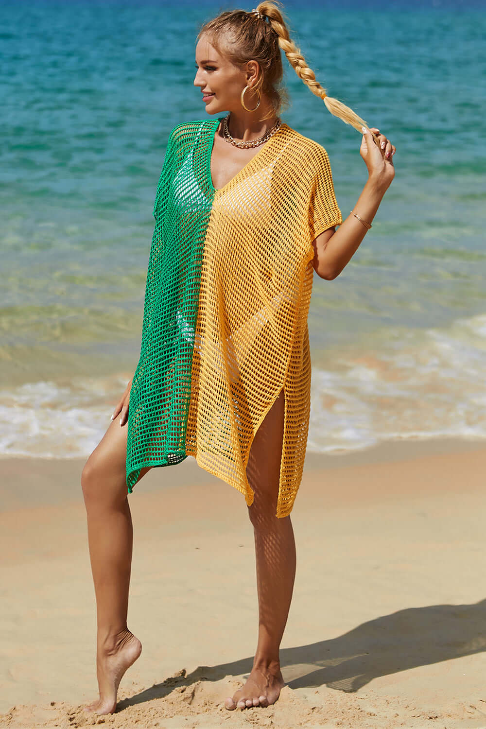 DOUBLE TAKE Openwork Contrast Slit Knit Cover Up at Bella Road