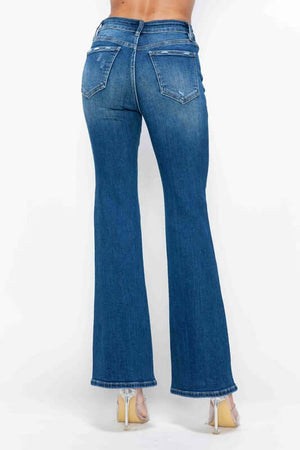 Back view of bytos High Rise Bootcut Jeans, featuring a flattering fit and stylish pockets. Perfect for boots or heels!