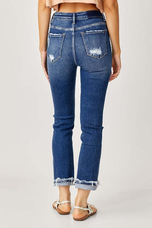 High-Rise Frayed Cuffed Straight Jeans by Risen Jeans, back view showing frayed cuffs, straight-leg design, and trendy style.