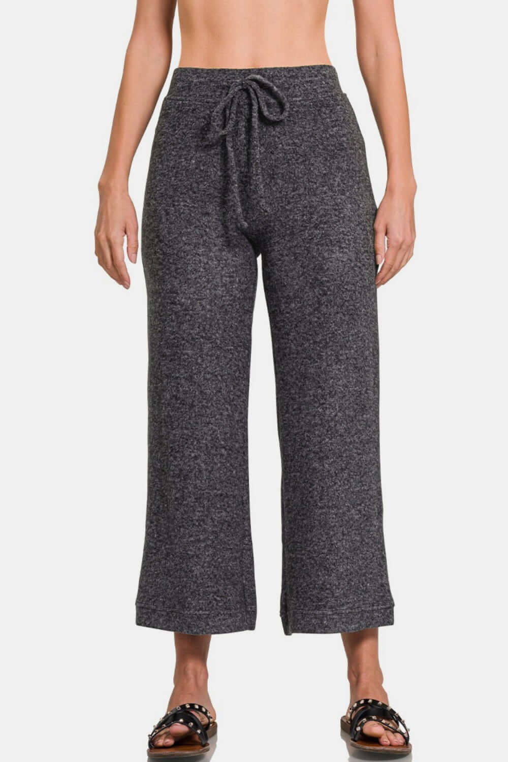 Zenana drawstring hacci cropped pants in charcoal gray, perfect for casual style with comfort and fashion.