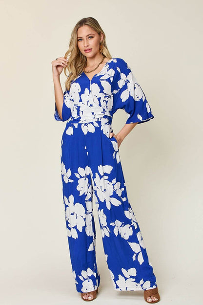 DOUBLE TAKE Full Size Printed Tie Back Wide Leg Jumpsuit at Bella Road