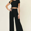 Round Neck Top and Pants Set | Full Size - Black