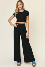 DOUBLE TAKE Full Size Round Neck Top and Pants Set at Bella Road