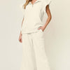 Texture Ruffle Short Sleeve Top and Drawstring Wide Leg Pants Set - Cream