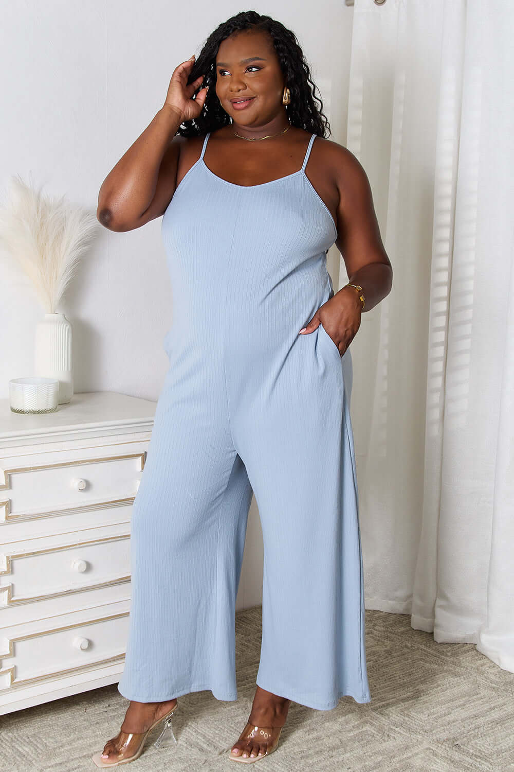 BASIC BAE Full Size Spaghetti Strap V-Neck Jumpsuit at Bella Road