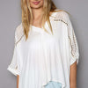 Oversize V-Neck Crochet Lace Contrast Studded Top - Ivory