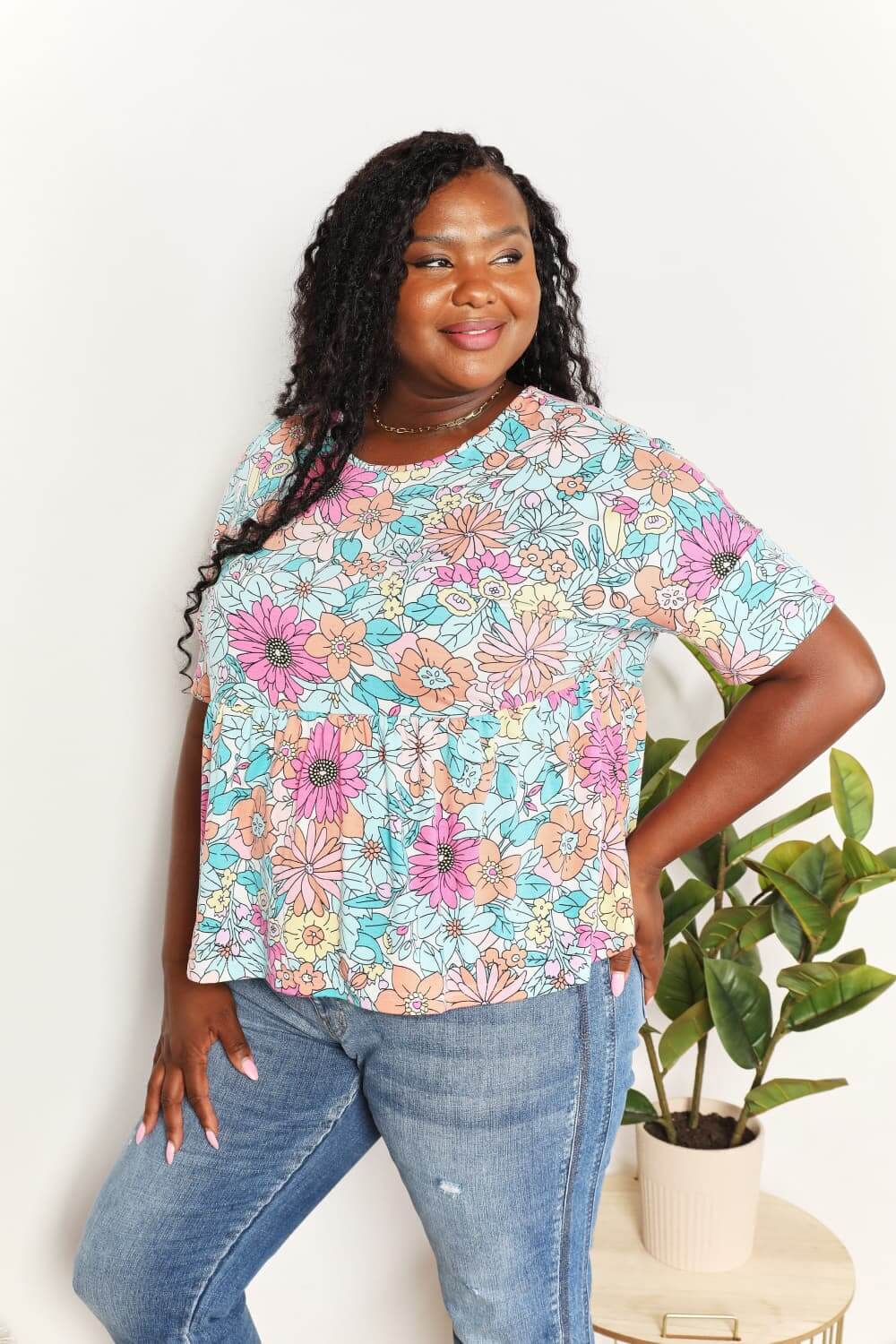 DOUBLE TAKE Floral Round Neck Babydoll Top at Bella Road