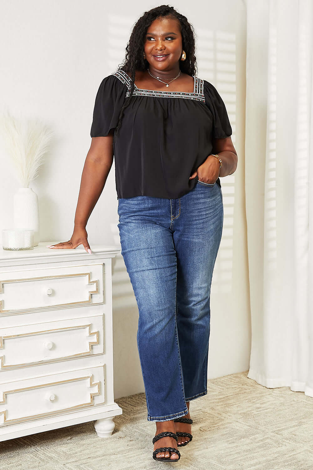 DOUBLE TAKE Contrast Square Neck Puff Sleeve Blouse at Bella Road