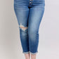 Stylish Judy Blue plus size button fly distressed jeans with pockets and slight stretch, perfect for casual outings.