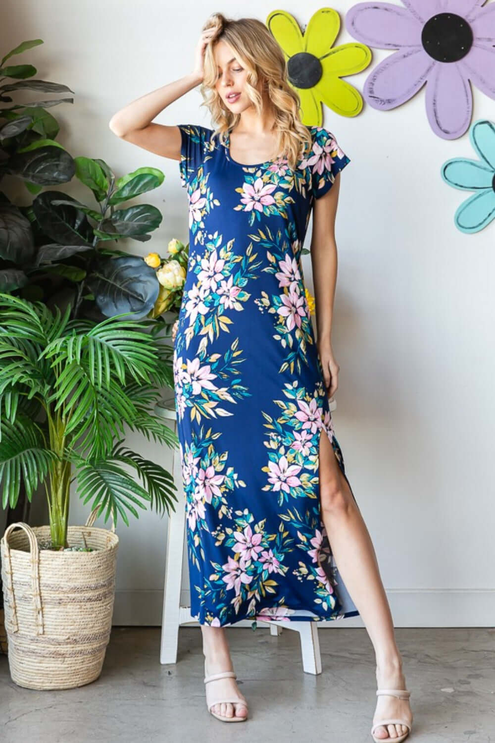 HEIMISH Full Size Floral Short Sleeve Slit Dress at Bella Road