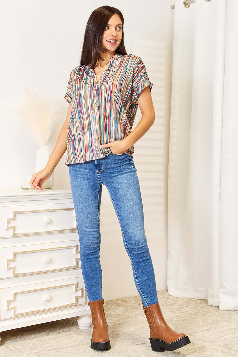 DOUBLE TAKE Multicolored Stripe Notched Neck Top at Bella Road