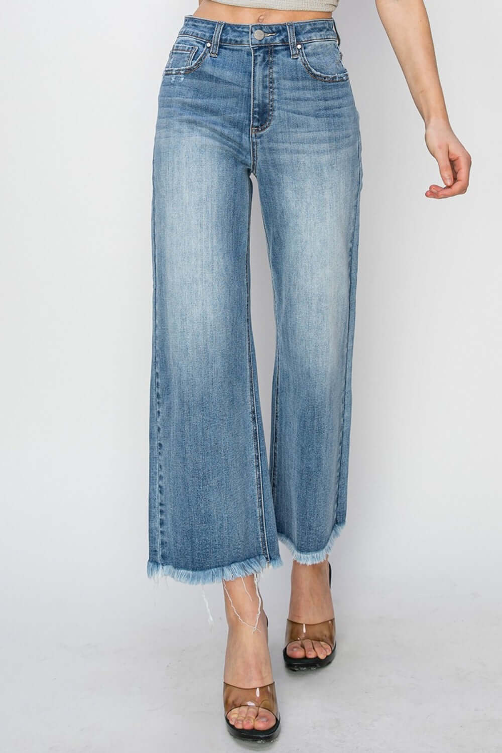 High Rise Raw Hem Cropped Wide Leg Risen Jeans with trendy and stylish look