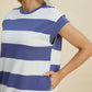 Woman wearing Basic Bae Full Size Striped Round Neck Cap Sleeve Mini Dress in blue and white stripes, showcasing side pocket detail.