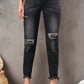 Stylish Distressed Cropped Jeans with Slight Stretch in Black, Featuring Ripped Knees and Raw Hem, Perfect for Casual Wear.