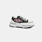 Nicole Lee USA platform lace-up sneakers with floral design and embellishments in sequins, beads, and stitching.