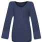 Bella Road round neck long sleeve T-shirt in navy blue with slight stretch and front pocket. Made of rayon, polyester, and spandex.