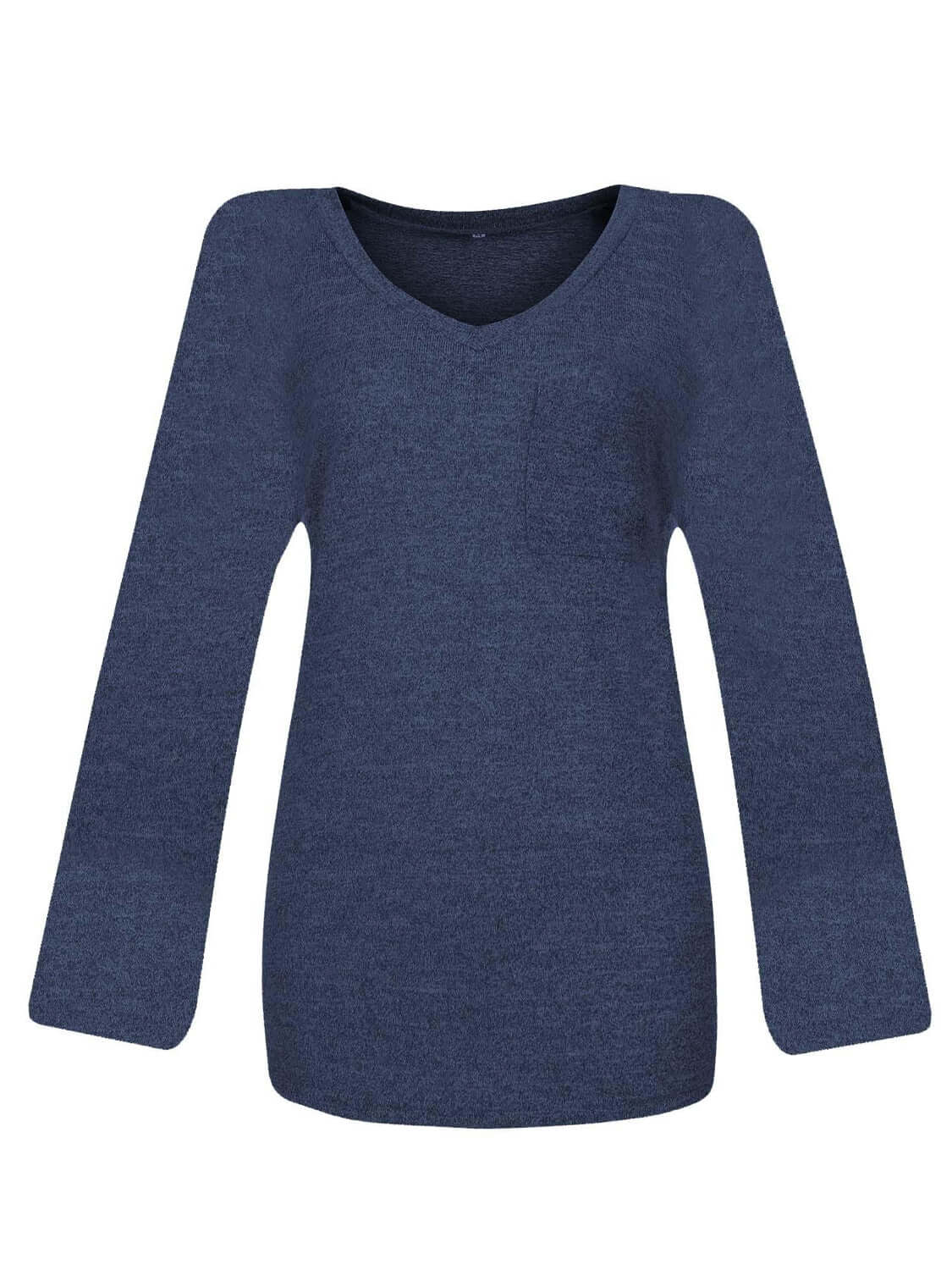 Bella Road round neck long sleeve T-shirt in navy blue with slight stretch and front pocket. Made of rayon, polyester, and spandex.