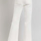 Flattering high-rise ankle flare jeans with patch pockets in white, offering a chic retro vibe and functional style.