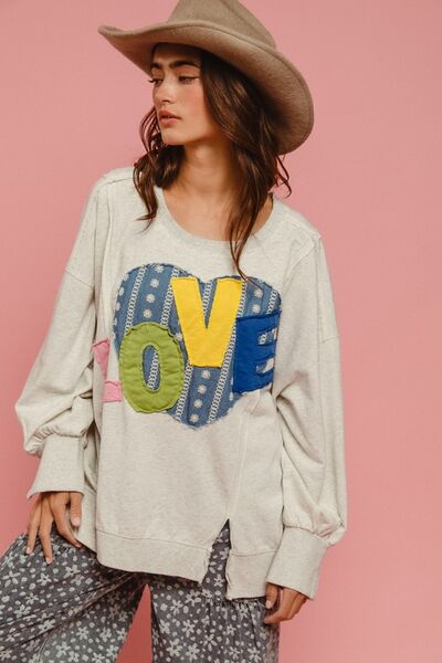 Cozy BiBi LOVE Heart Patch Slit Sweatshirt with colorful heart patch, perfect for casual, stylish outfits.