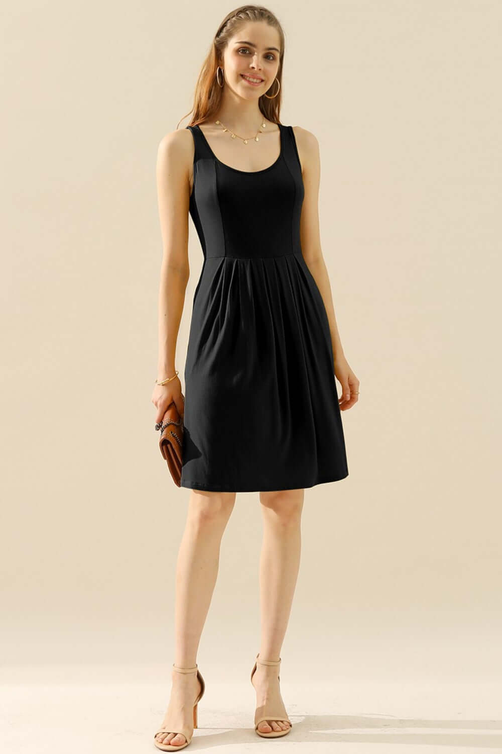 DOUBLJU Full Size Round Neck Ruched Sleeveless Dress with Pockets at Bella Road