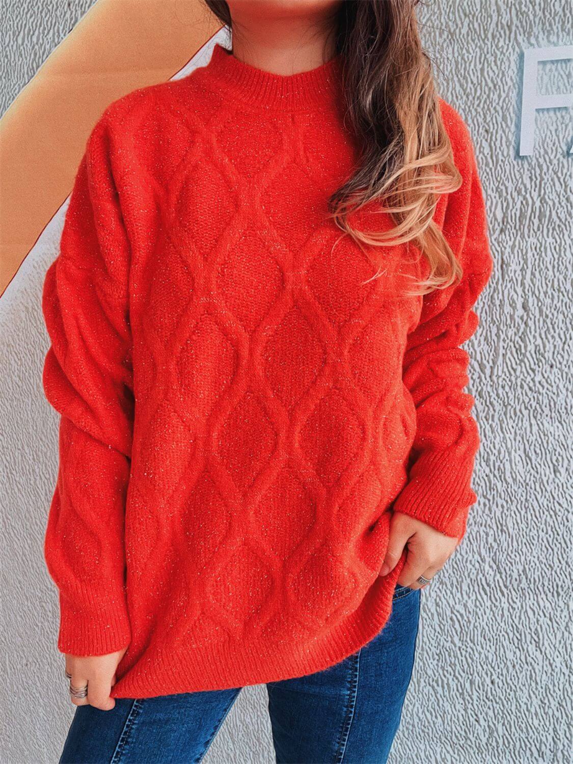 Bella Road Diamond Round Neck Long Sleeve Sweater in red, features a unique diamond pattern and soft fabric for stylish comfort.