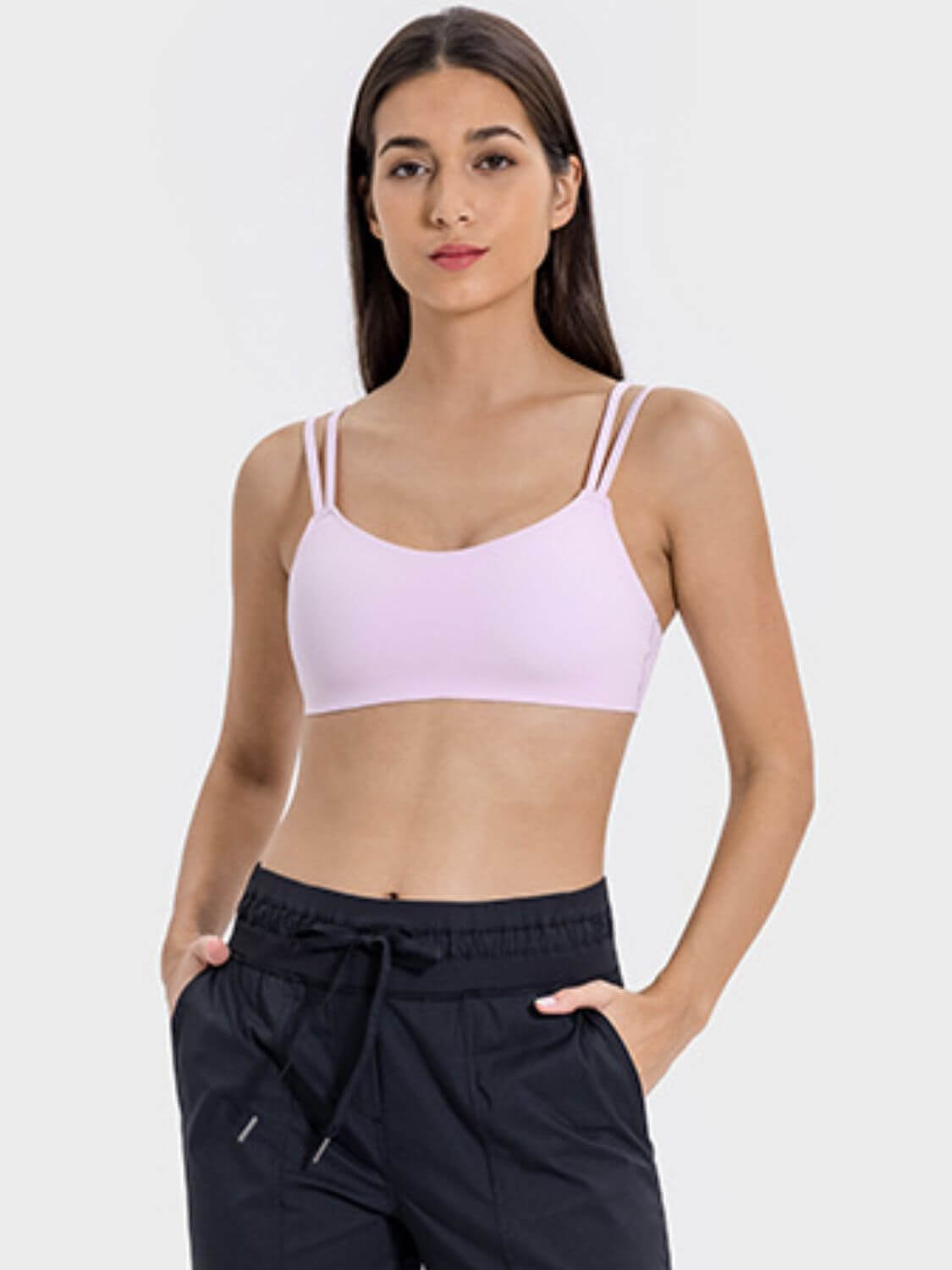 Millennia Scoop Neck Double Strap Active Cami in soft pink, perfect for workouts and casual outings. Light and stylish fit!