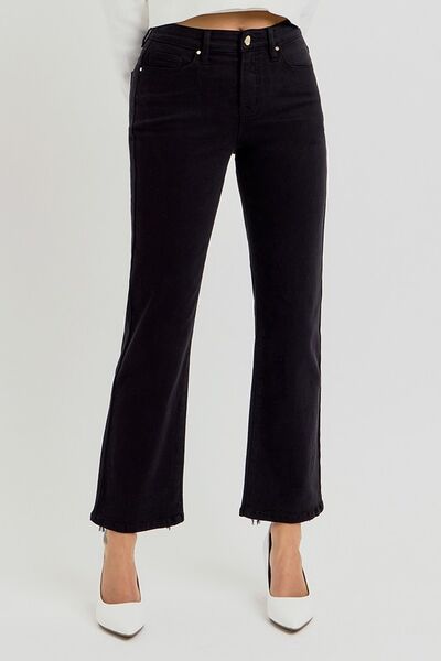 Stylish black crop straight jeans with tummy control and elastic band for a flattering fit.