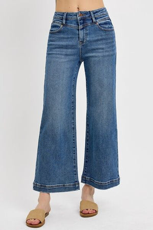 Front view of RISEN high rise crop wide leg jeans in classic blue denim, perfect for trendy and comfortable styling.