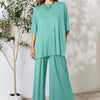 Round Neck Slit Top and Pants Set | Full Size - Turquoise