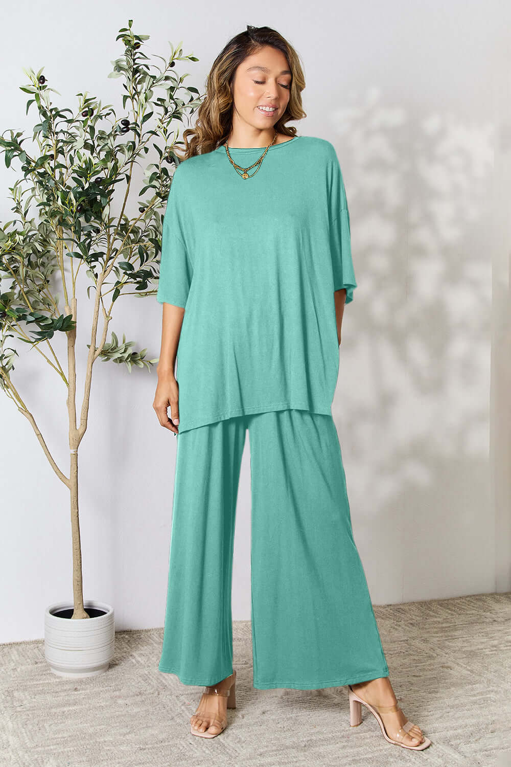 DOUBLE TAKE Full Size Round Neck Slit Top and Pants Set at Bella Road