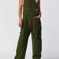 Stylish army green Bella Road Denim Overalls with wide straps and pockets, showcasing a trendy and functional look.