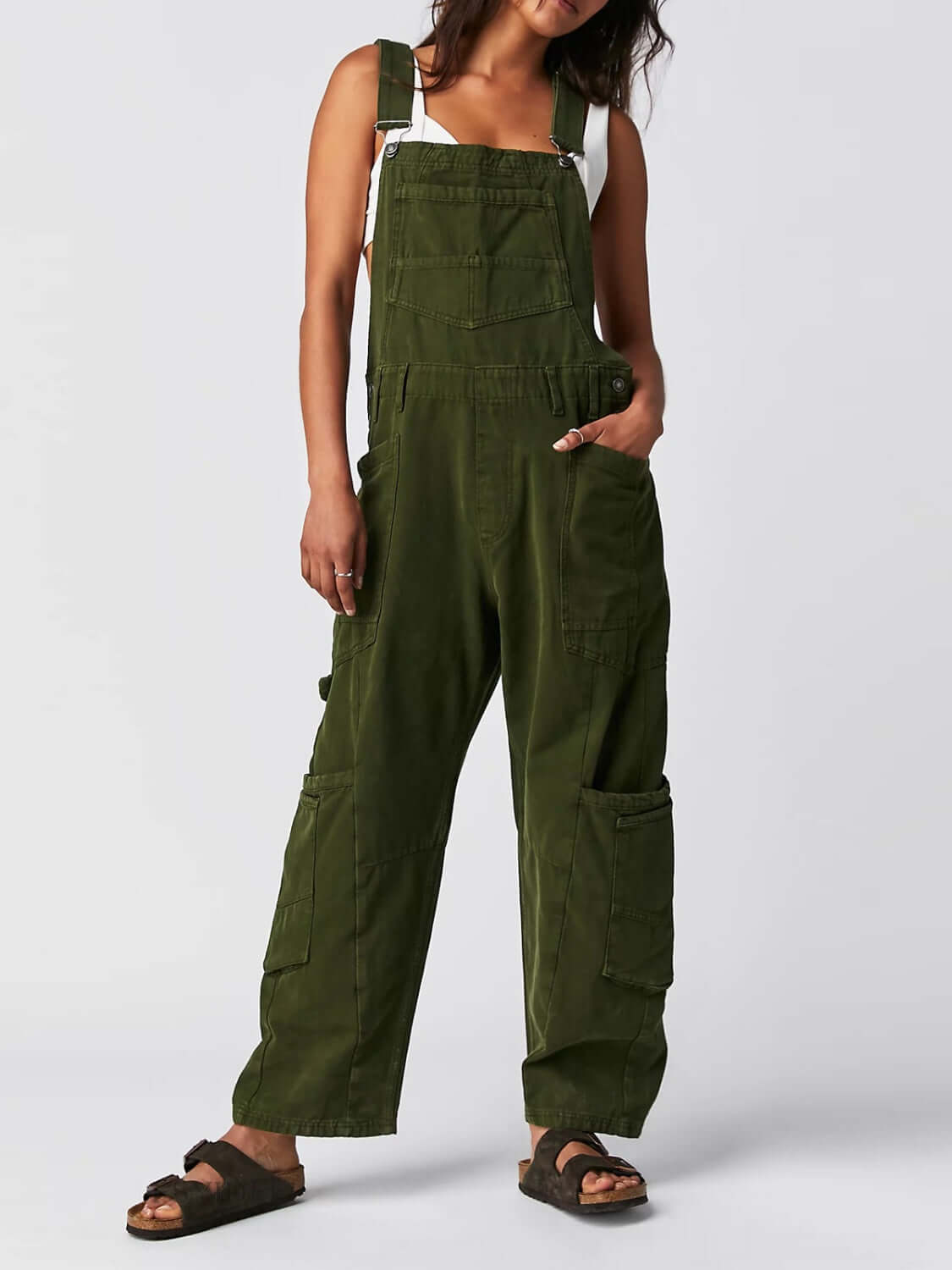 Stylish army green Bella Road Denim Overalls with wide straps and pockets, showcasing a trendy and functional look.