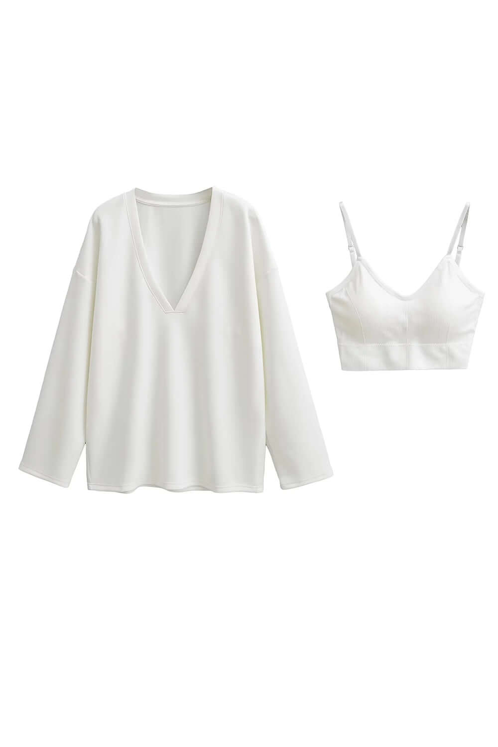 Basic Bae V-Neck Dropped Shoulder Long Sleeve Sweatshirt with Built-In Bra in White