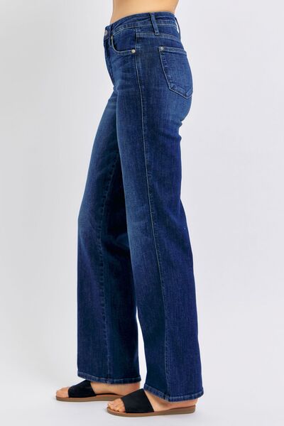 Side view of Judy Blue full-size tummy control straight jeans, showcasing a flattering fit and comfortable design.