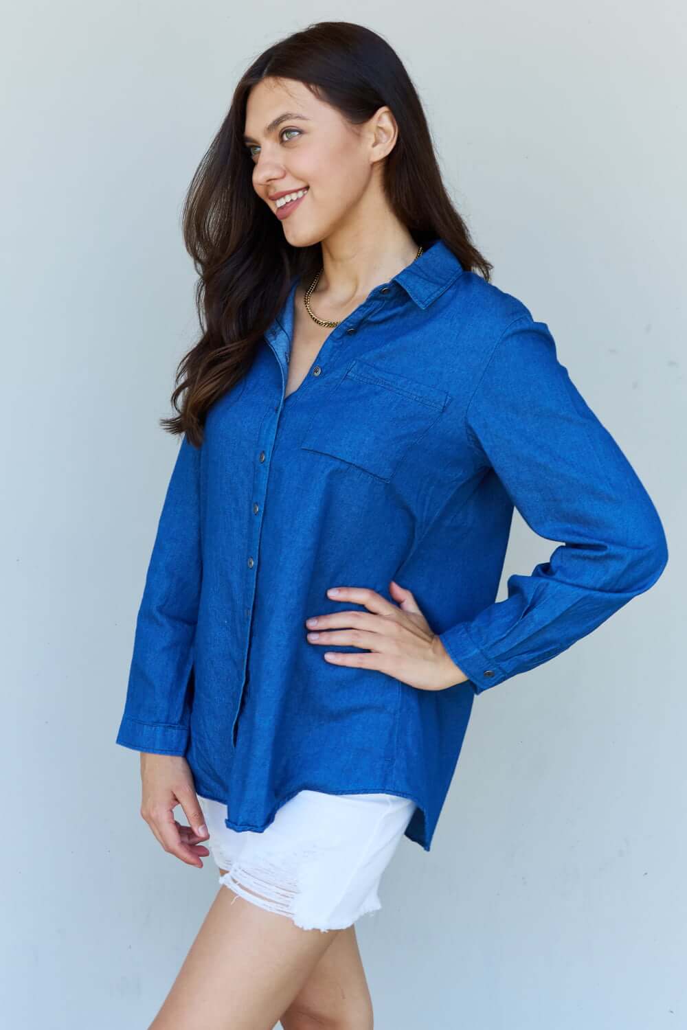 DOUBLJU Blue Jean Baby Denim Button Down Shirt Top in Dark Blue at Bella Road