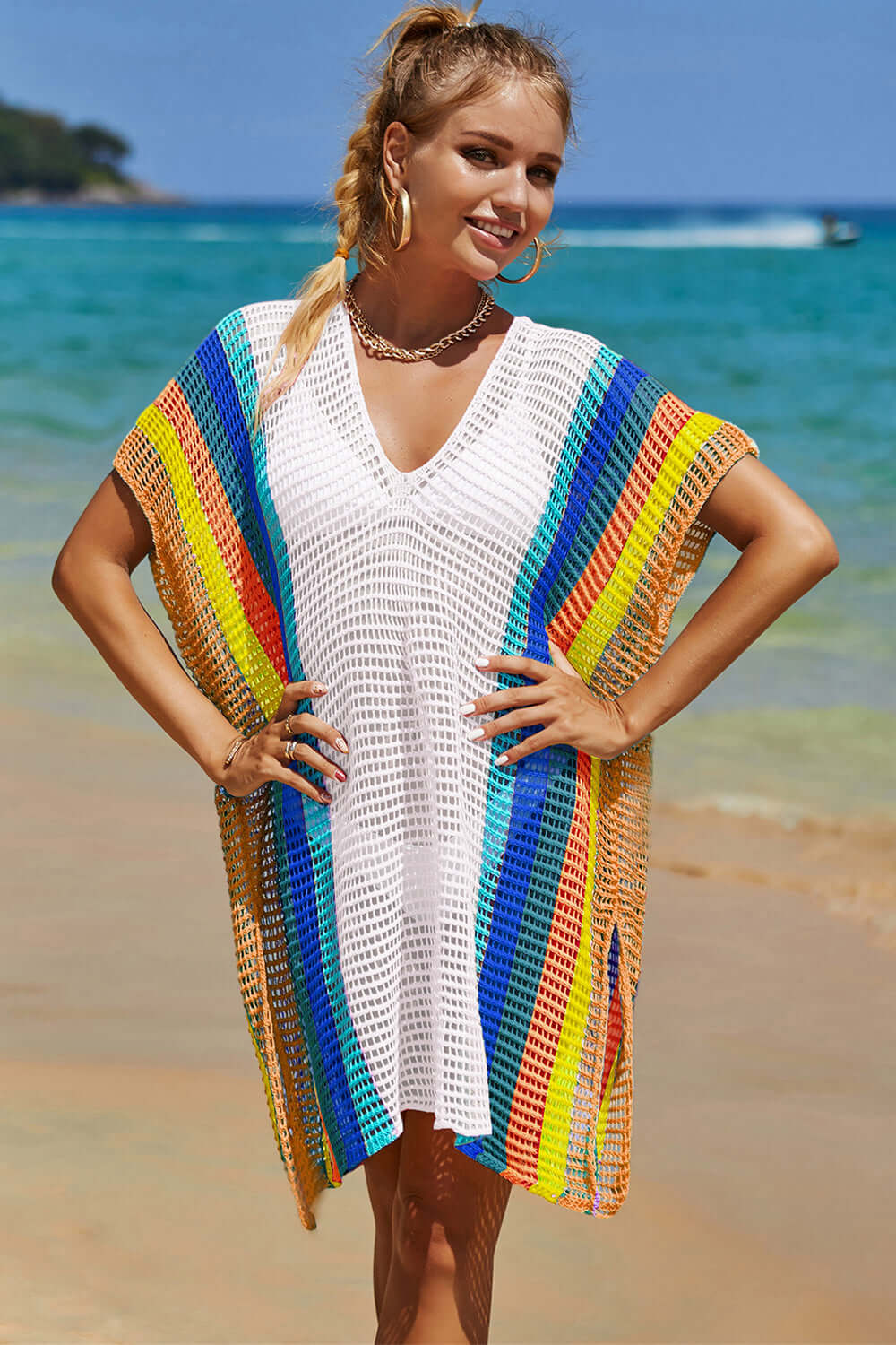 DOUBLE TAKE Openwork Striped Slit Knit Cover Up at Bella Road