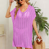 Openwork Short Sleeve Slit Knit Cover Up - Fuchsia Pink