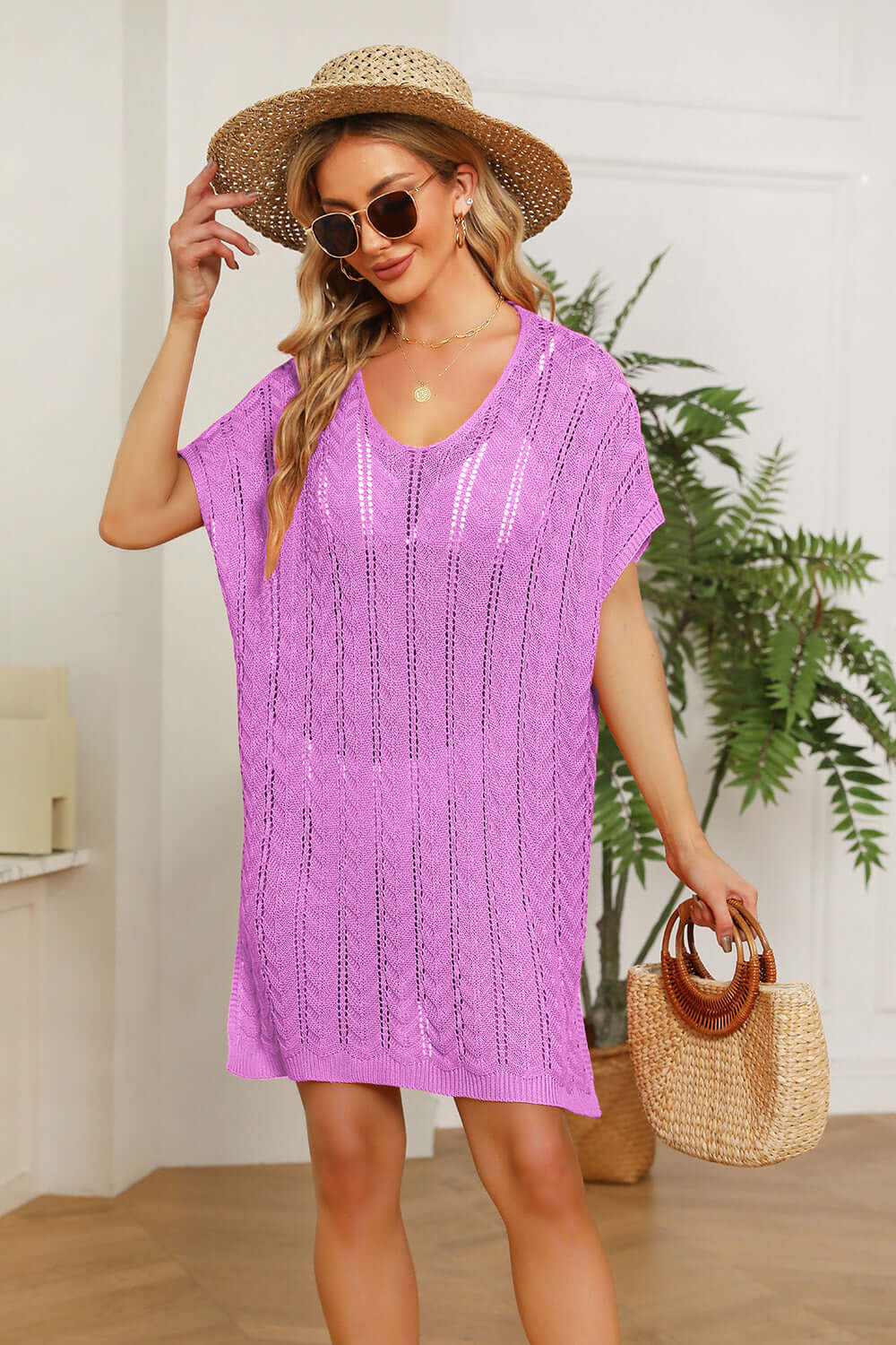 DOUBLE TAKE Openwork Short Sleeve Slit Knit Cover Up at Bella Road