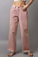 Stylish pink gradient wide leg pants with decorative rhinestones and pockets for a chic outfit. Perfect for making a statement!