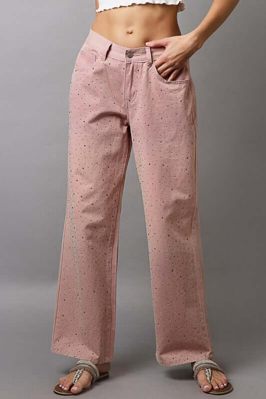 Stylish pink gradient wide leg pants with decorative rhinestones and pockets for a chic outfit. Perfect for making a statement!