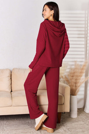 Ribbed Drawstring Hooded Top and Straight Pants Set