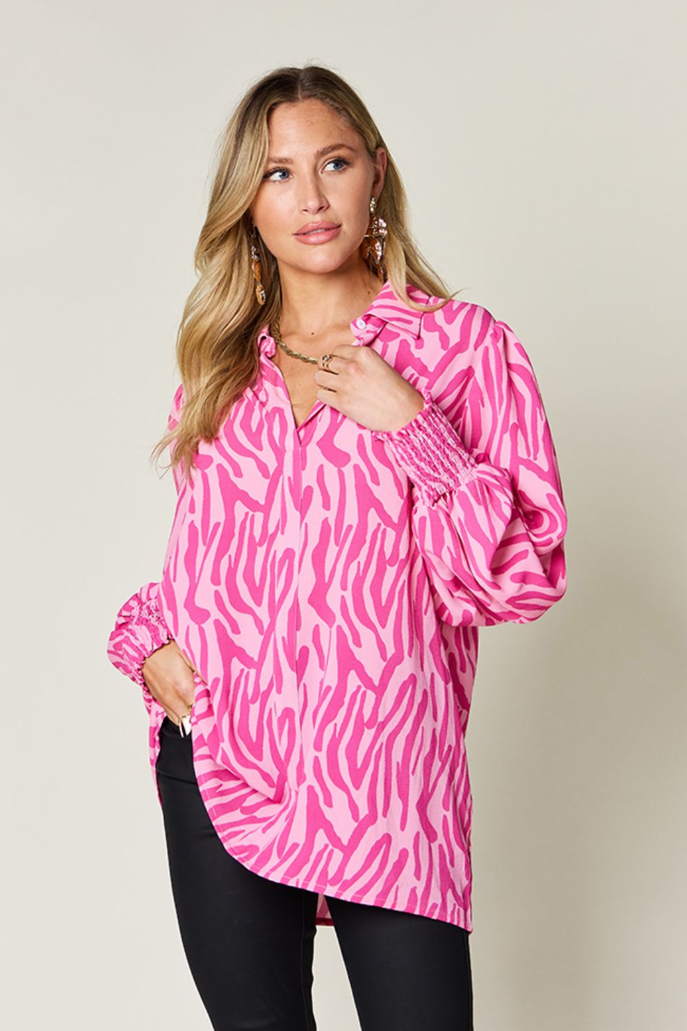 DOUBLE TAKE Full Size Printed Smocked Long Sleeve Blouse at Bella Road