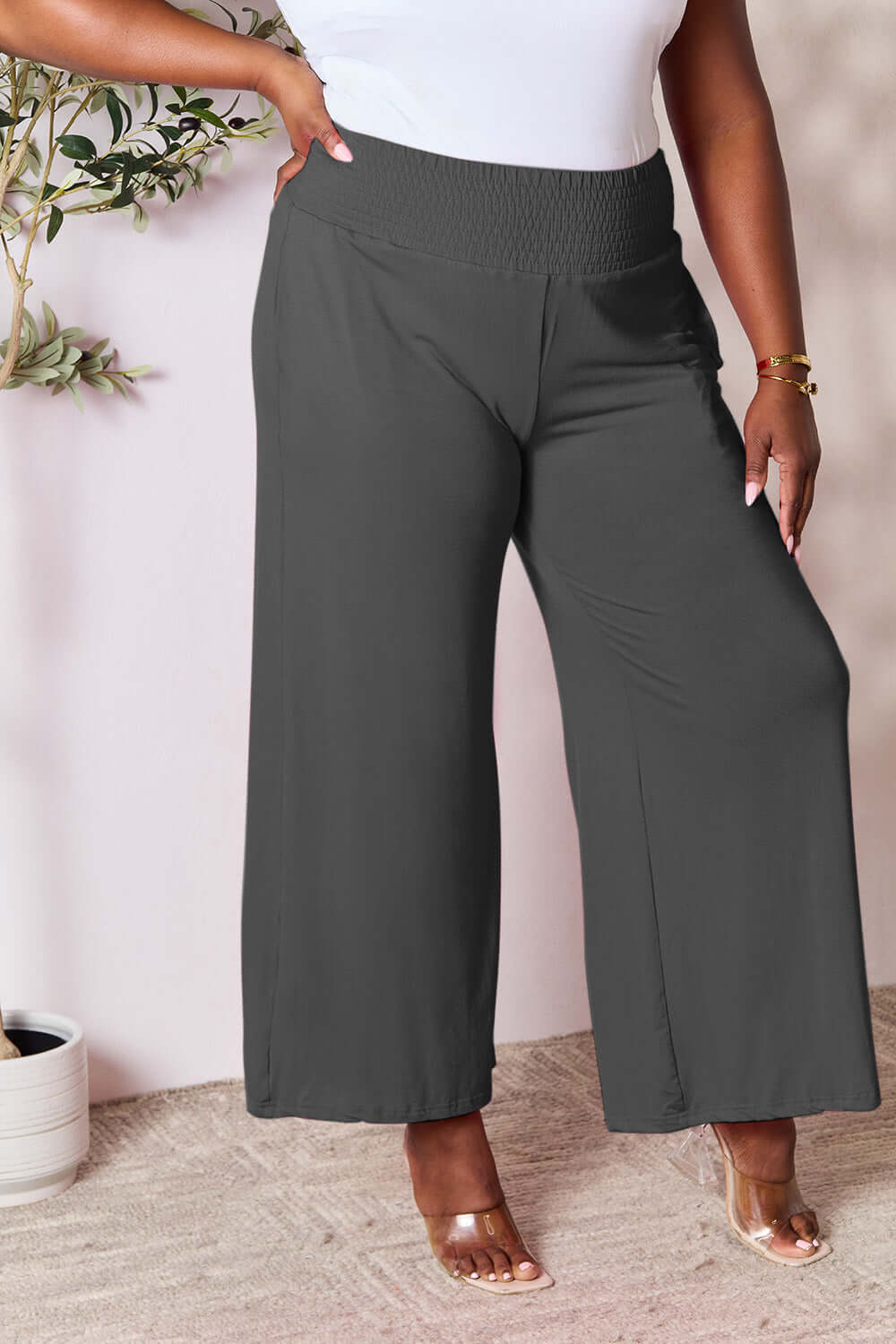 DOUBLE TAKE Full Size Smocked Wide Waistband Wide Leg Pants at Bella Road