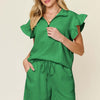 Texture Flounce Sleeve Top and Drawstring Shorts Set | Full Size - Mid Green