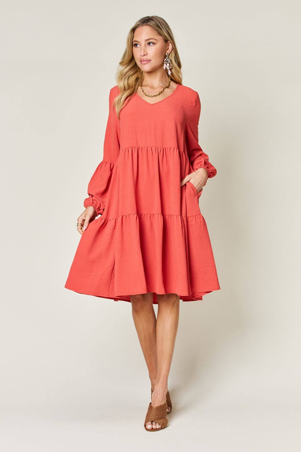 DOUBLE TAKE Full Size V-Neck Balloon Sleeve Tiered Dress at Bella Road