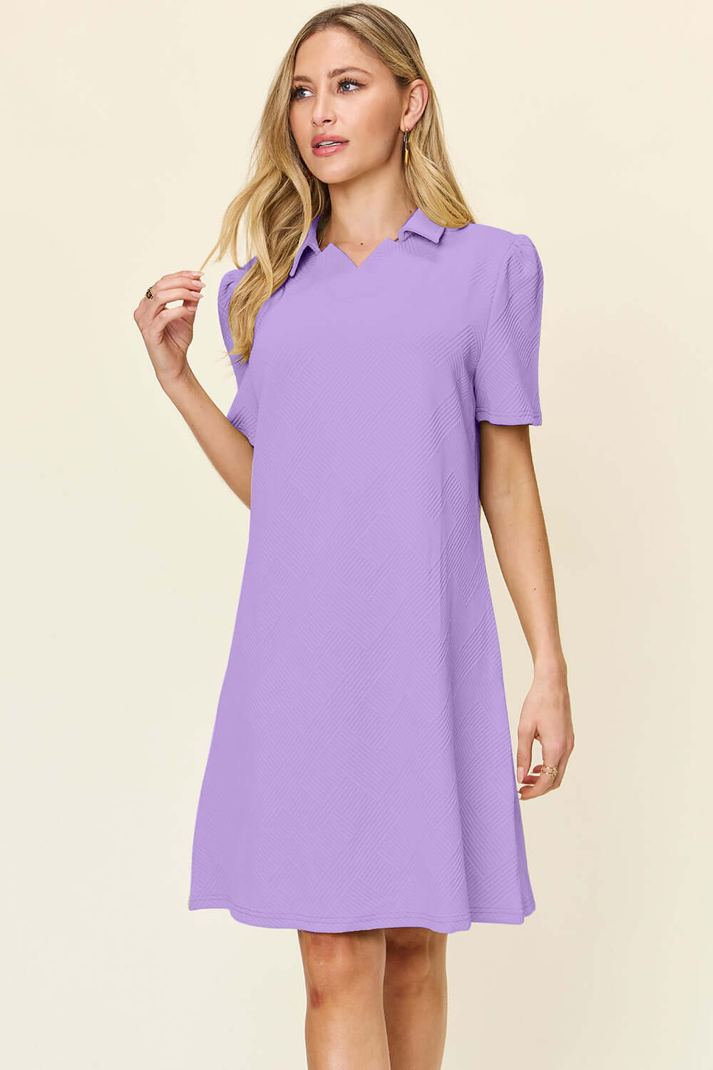 DOUBLE TAKE Full Size Texture Collared Neck Short Sleeve Dress at Bella Road