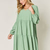 V-Neck Balloon Sleeve Tiered Dress | Full Size - Gum Leaf