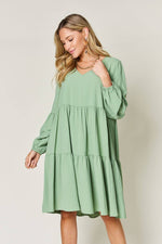 DOUBLE TAKE Full Size V-Neck Balloon Sleeve Tiered Dress at Bella Road